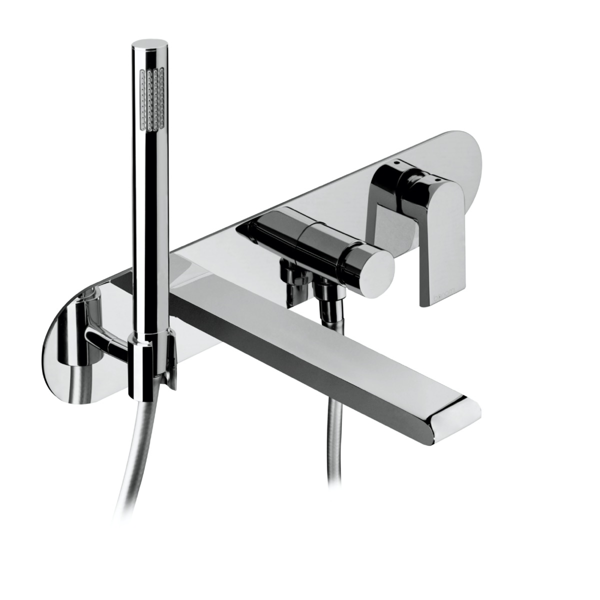 Wall mounted bath/shower mixer with plate, diverter and hand shower